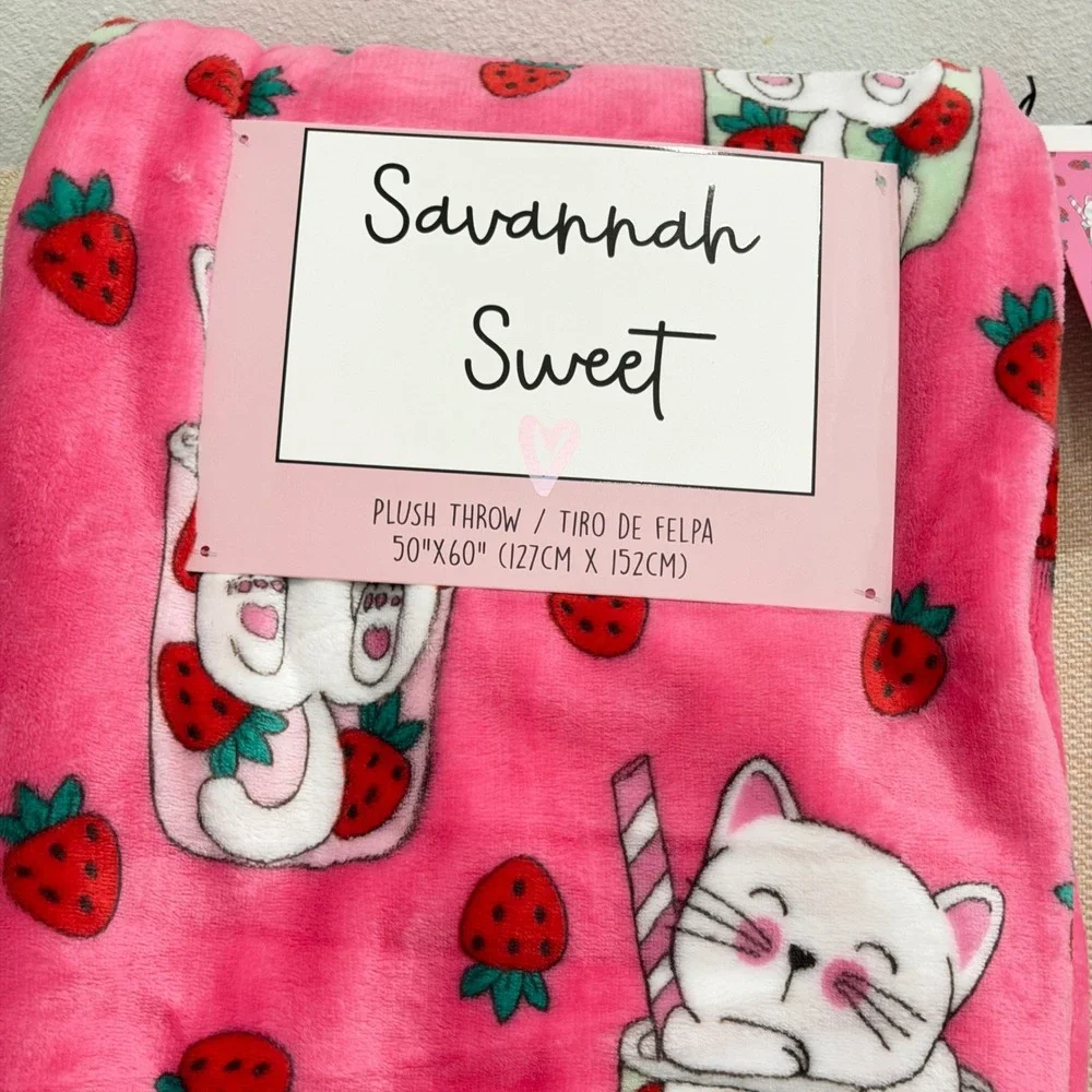 NEW Savannah Sweet Plush Throw Blanket Cat Strawberry Boba Kawaii